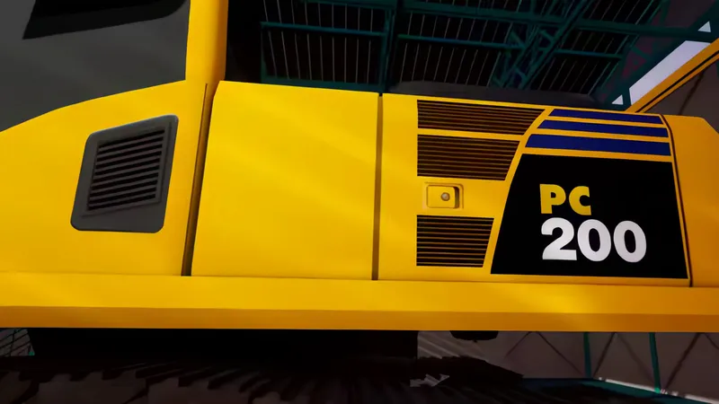 Yellow Komatsu PC200 excavator body panel in the VR maintenance training scene.